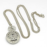 Alloy Flat Round with Spider Web Pendant Necklace Pocket Watch, with Iron Chains and Lobster Claw Clasps, Quartz Watch, Platinum, 30.7 inch, Watch Head: 36x27x13mm(X-WACH-N013-03)