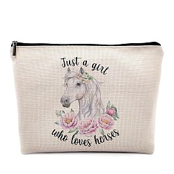 Flax Makeup Storage Bag, Multi-functional Travel Toilet Bag, Clutch Bag with Zipper for Women, Horse, 18x25cm(PW-WG82560-05)