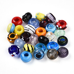 Handmade Lampwork Beads, Large Hole Beads, Rondelle, Mixed Styles, Mixed Color, 13~15.5x8~10mm, Hole: 5.5~6mm(LAMP-N024-37)