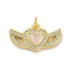 Brass Micro Pave Clear Cubic Zirconia Pendants, with Shell, Real 18K Gold Plated, Heart, 12x21x3mm, Hole: 3.5mm(KK-K365-13C-G)