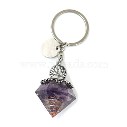 Reiki Energy Natural Amethyst Chips in Resin Diamond Shape Pendant Keychain, with Tree of Life Charm, 9cm(FIND-PW0017-11F)