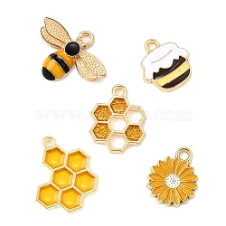 20Pcs 5 Styles Alloy Enamel Pendants, Honeycomb & Bees Charm, Golden, Yellow, 17~21x13~22.5x1.5~4mm, Hole: 1.6~2mm, 4pcs/style(ENAM-FP0002-57)