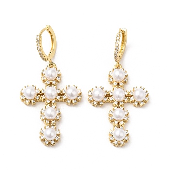 Cubic Zirconia Cross Dangle Hoop Earrings with ABS Plastic Imitation Pearl, Brass Jewelry for Women, Real 16K Gold Plated, 47mm, Pin: 1.2x0.8mm