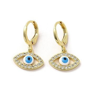 Horse Eye Real 18K Gold Plated Brass Dangle Leverback Earrings, with Enamel and Cubic Zirconia, Light Sky Blue, 23.5~24x14.5mm