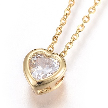 304 Stainless Steel Pendant Necklaces, with Brass Cubic Zirconia Pendant, Heart, Clear, Golden, 17.6 inch(45cm), Pendant: 7x7x4mm