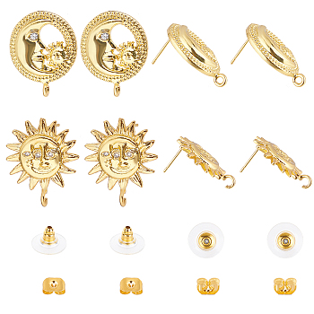 Nbeads 4 Pairs 2 Style Brass Stud Earring Findings, with Loop and Cubic Zirconia, Sun & Moon, Golden, 23x18.5~20x3~4mm, Hole: 1.6mm, Pin: 0.7~1mm, 2 pairs/style