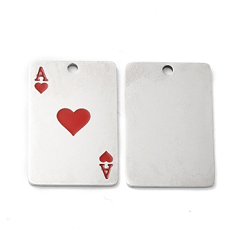 201 Stainless Steel Pendants, with Enamel, Ace of Hearts Charm, Stainless Steel Color, Red, 29.5x20x1.5mm, Hole: 2mm