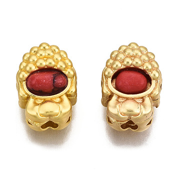 4-Hole Synthetic Turquoise Beads, Dyed, with Brass Findings, Hollow, Matte Gold Color, Red, 10.5x7.5x6.5mm, Hole: 2mm
