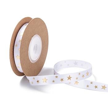 Polyester Ribbon, Star Pattern, White, 3/8 inch(10mm), about 10yards/roll