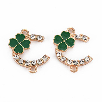 Alloy Links Connectors, with Enamel and Crystal Rhinestone, Light Gold, C Shape with Clover, Dark Green, 20x16x2.5mm, Hole: 1.6mm