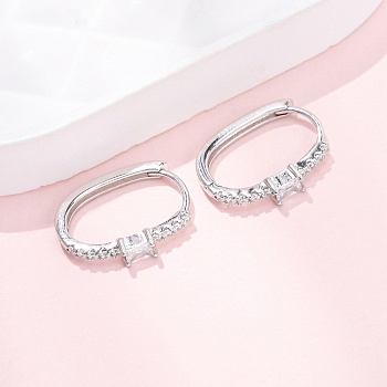 Oval 925 Sterling Silver Micro Pave Clear Cubic Zirconia Hoop Earrings, Platinum, 15x12.5x2.5mm