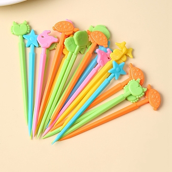 Plastic Disposable Fruit Picks, Cartoon Style Ocean Animal Shape Fork, Sea Turtle & Sea Horse & Dolphin & Crab & Fish, Mixed Color, 83.5~85.5x11.5~21x3~4.5mm, 18pcs/bag