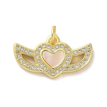 Brass Micro Pave Clear Cubic Zirconia Pendants, with Shell, Real 18K Gold Plated, Heart, 12x21x3mm, Hole: 3.5mm