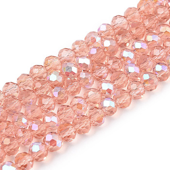 Electroplate Glass Beads Strands, Half Rainbow Plated, Faceted, Rondelle, Salmon, 4x3mm, Hole: 0.4mm, about 113~115pcs/strand, 41~41.5cm