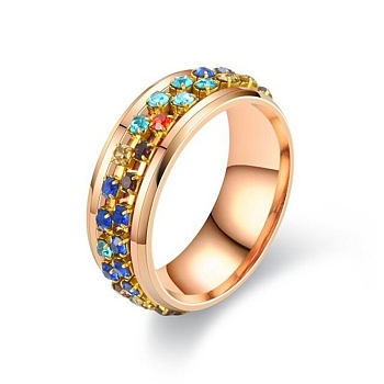 Colorful Rinestone Rotating Finger Ring, Titanium Steel Fidget Spinner Ring for Calming Worry Meditation, Rose Gold, US Size 10(19.8mm)