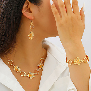 Zinc Alloy Bracelets & Earrings & Necklaces, Flower, Golden, 430mm & 160mm & 67x22mm