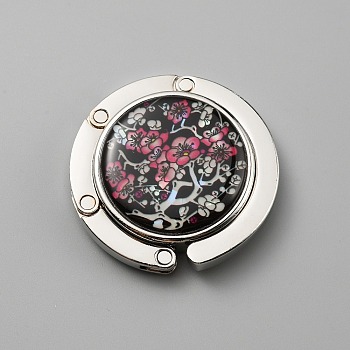 Zinc Alloy Bag Hanger Purse Hooks, with Glass Cabochons, Flat Round, Flower, 4.35x1.05cm