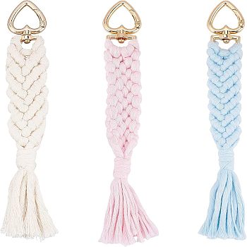 CHGCRAFT 3 Strands 3 Colors Golden Tone Alloy Heart Keychain Clasps, Hand-Woven Cotton Rop, Mixed Color, 175x28x8mm, 1strand/color