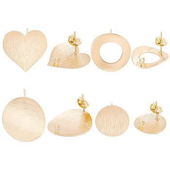 16Pcs 4 Style Electroplated Brass Stud Earring Findings, with Vertical Loops & 16Pcs Ear Nuts, Nickel Free, Flat Round & Heart & Donut, Real 18K Gold Plated, 15~21.5mm, Pin: 0.5mm, 4Pcs/style