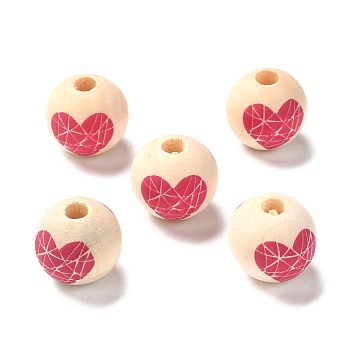 Printed Wood European Beads, Large Hole Beads, Round with Heart Pattern, Blanched Almond, 16x15mm, Hole: 4mm