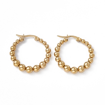 201 Stainless Steel Round Beaded Hoop Earrings with 304 Stainless Steel Pins for Women, Golden, 30x28x5mm, Pin: 0.7~0.8x1~1.5mm