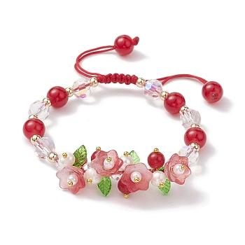 Flower Glass & Acrylic Braided Bead Adjustable Bracelets for Women, Crimson, Inner Diameter: 2~3 inch(5~7.5cm)