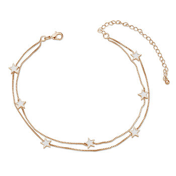 SHEGRACE Brass Multi-Strand Anklets, with Epoxy Resin and Box Chains, Star, White, Rose Gold, 8-1/4 inch(21cm)