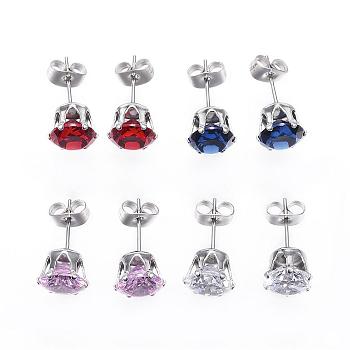 304 Stainless Steel Stud Earrings, with Cubic Zirconia, Mixed Color, 17x8mm, pin: 0.8mm