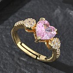 Brass Adjustable Finger Ring for Women, with Pink Heart and Clear Cubic Zirconia, Long-Lasting Plated, Golden, 9mm, Inner Diameter: 17mm(CU-CBA7E55-05G)