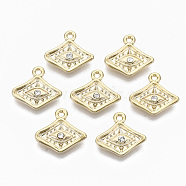 Alloy Charms, with Crystal Rhinestone, Cadmium Free & Nickel Free & Lead Free, Rhombus with Eye, Real 18K Gold Plated, 13.5x15x2.5mm, Hole: 1.5mm(PALLOY-S135-013-NR)