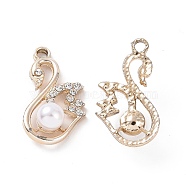 Alloy Crystal Rhinestone Pendants, with ABS Plastic Imitation Pearl, Swan Charms, Light Gold, 24x14x7mm, Hole: 2mm(ALRI-H004-12KCG)