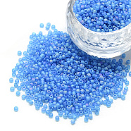 8/0 Grade A Round Glass Seed Beads, Transparent Frosted Style, AB Color Plated, Dodger Blue, 3x2mm, Hole: 1mm, about 10000pcs/pound(SEED-Q010-3mm-M545)