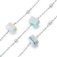 Handmade Cube Lampwork & Seed Bead Chains, for Necklaces Bracelets Making, with 304 Stainless Steel Chains, Soldered, with Spool, Stainless Steel Color, 5~5.5x5~6x5~6mm, Seed Bead: 3mm in diameter, links: 2x1.5x0.2mm & 2.5x1x0.2mm, interval: 33mm, about 32.81 Feet(10m)/Roll(CHS-T006-10P)