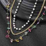 304 Stainless Steel & Colorful Natural Stone Chip & Imitation Pearl 3 Layer Necklaces for Women, Real 18K Gold Plated, 15.59 inch(39.6cm)(NJEW-Z061-07G)