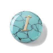 Synthetic Turquoise Beads, with Golden Tone Brass Slices, Flat Round with Letter, Letter I, 15x5.5mm, Hole: 1.4mm(G-A238-02I)