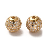 925 Sterling Silver Micro Pave Cubic Zirconia Beads, Round, Real 18K Gold Plated, Clear, 10x9mm, Hole: 2.2mm(STER-H110-24C-01G)