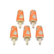 Brass Micro Pave Clear Cubic Zirconia Pendants, with Enamel, Cadmium Free & Nickel Free & Lead Free, Real 16K Gold Plated, Ice Cream with Word Happy, Coral, 20x8.5x3.5mm, Hole: 3.5x2mm(ZIRC-S067-023F-NR)