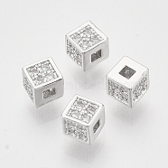 Brass Micro Pave Cubic Zirconia Beads, Nickel Free, Cube, Clear, Real Platinum Plated, 4x4x4mm, Hole: 1.4mm(KK-T048-039P-NF)