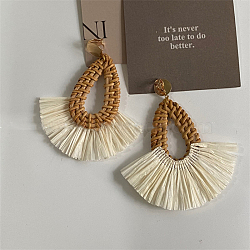 Teardrop with Fan Alloy Rattan Clip-on Earrings, with Raffia & Grass, Golden, Sienna, 90mm(FS-WGFEF3F-03)