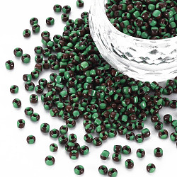 8/0 Two Tone Opaque Glass Seed Beads, Opaque Colours Seep, Round Hole, Column, Green, 3~3.5x2~2.5mm, Hole: 1mm, about 450g/Pound(SEED-T006-01B-A07)