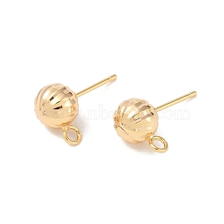 Brass Stud Earring Findings, with Loop, Groove Round, Real 18K Gold Plated, 18.5x8mm, Hole: 2mm, Pin: 0.8x11mm(KK-R164-04B-G)