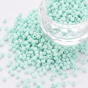 8/0 Opaque Glass Seed Beads, Round Hole, Frosted Colours, Round, Light Cyan, 3~4x2~3mm, Hole: 0.8mm, about 15000pcs/Pound