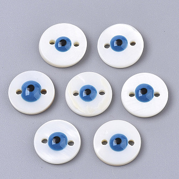 Freshwater Shell Links Connectors, with Enamel, Flat Round with Evil Eye, Dodger Blue, 10x3mm, Hole: 1mm