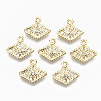 Alloy Charms, with Crystal Rhinestone, Cadmium Free & Nickel Free & Lead Free, Rhombus with Eye, Real 18K Gold Plated, 13.5x15x2.5mm, Hole: 1.5mm