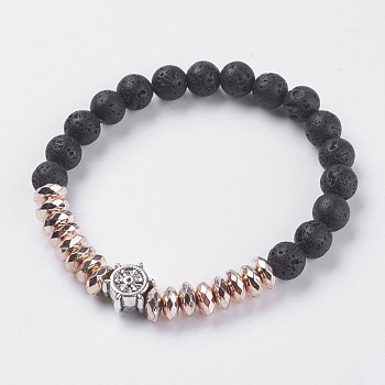 Synthetic Hematite Stretch Bracelets, with Natural Lava Rock and Alloy Findings, Helm, Antique Silver, Rose Gold Plated, 2-1/4 inch(57mm)