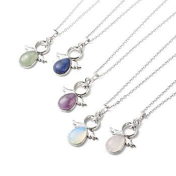 5Pcs 5 Style Natural & Synthetic Mixed Gemstone Angel Pendant Necklaces Set with 304 Stainless Steel Chains for Women, Stainless Steel Color, 17.72 inch(45cm), 1Pc/style