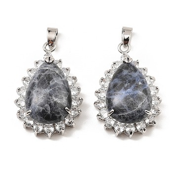 Natural Sodalite & Rhinestone Pendants, with Platinum Tone Rack Plating Brass Wire Wrap, Long-Lasting Plated, Lead Free & Cadmium Free, Teardrop, 40x26x13mm, Hole: 6x4.5mm