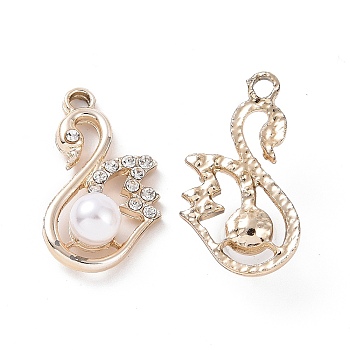 Alloy Crystal Rhinestone Pendants, with ABS Plastic Imitation Pearl, Swan Charms, Light Gold, 24x14x7mm, Hole: 2mm