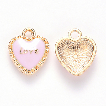 Alloy Enamel Pendants, Heart, with Word LOVE, Light Gold, Pink, 16x13x3mm, Hole: 2mm