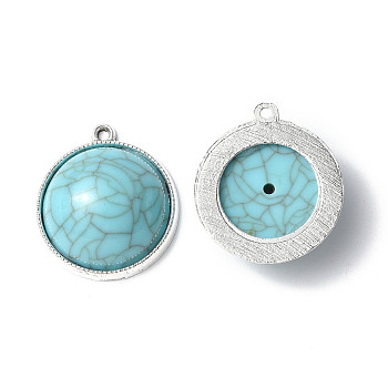 Resin Imitation Turquoise Pendants, with Rack Plating Tibetan Style Alloy Settings, Lead Free & Cadmium Free & Nickel Free, Dome/Semi Sphere Charm, Antique Silver, 28x25x9mm, Hole: 1.8mm